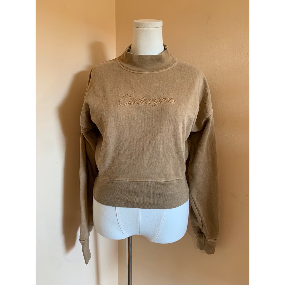 Civil Regime XS Tan Brown Embroidered Logo Mock Neck Cropped Sweatshirt